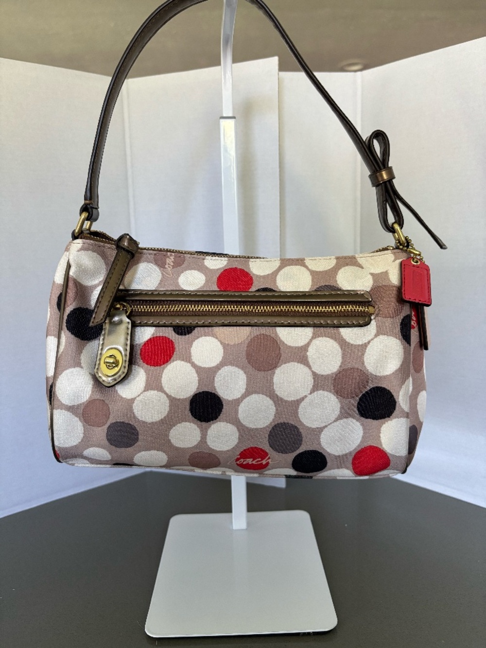 Coach Dot Print Canvas Shoulder Bag Purse Brown Red With Dust Bag